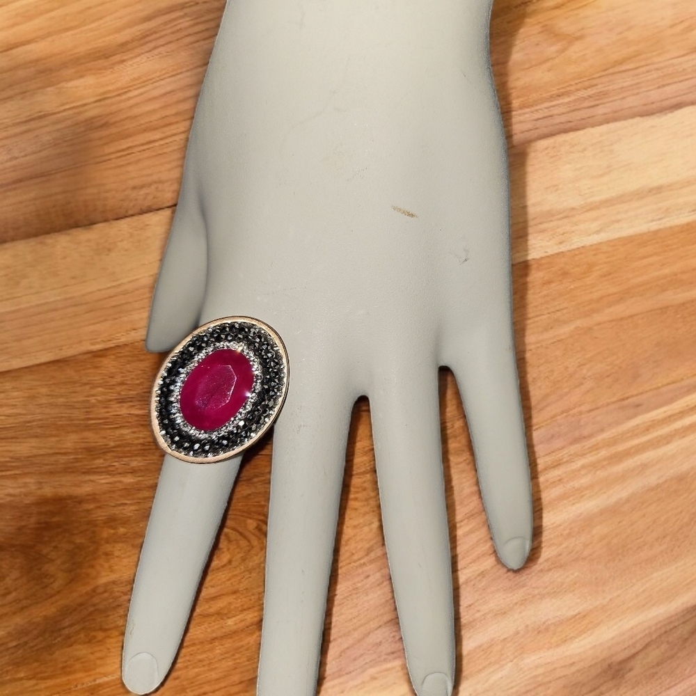 Sterling Silver Statement Ring w/Double Halo & Red Gemstone - Picture 4 of 6